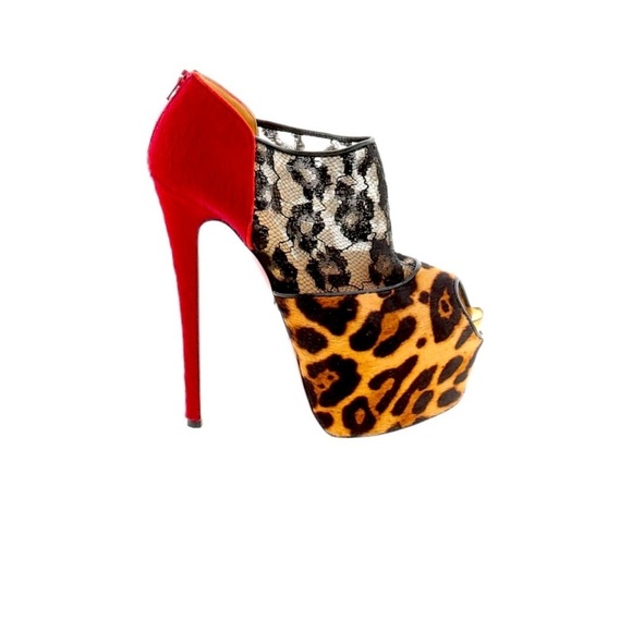 Christian Louboutin Platform stiletto leopard lace bootie pony hair red 37 - Picture 1 of 12